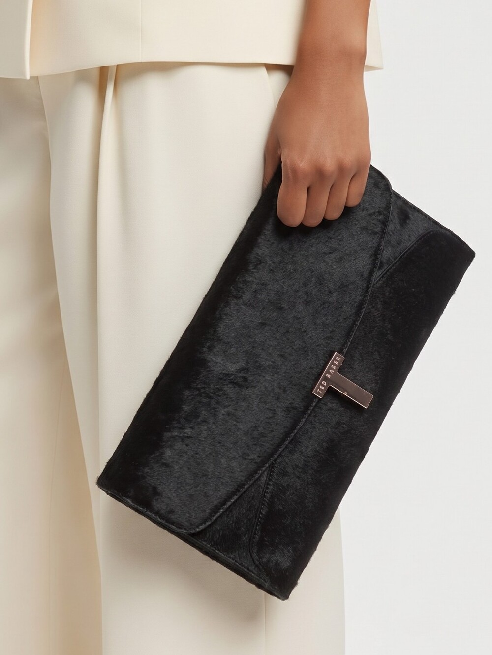 Ted Baker Black and Rose Gold Fur Cluth Bag